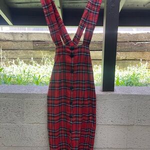 Red Plaid Pencil Skirt with Button-Front Suspenders
